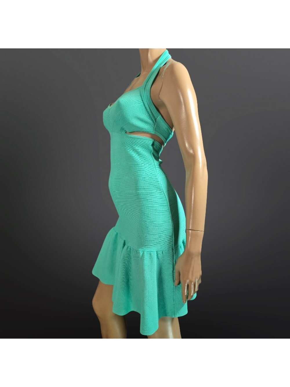 GUESS Aqua Turquoise Mini Bandage Dress With Cutouts Size S Halter V Neck Ruffle